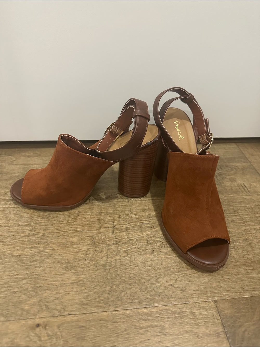 Qupid Rust Brown Suede Peep-Toe Block Heel Sandals